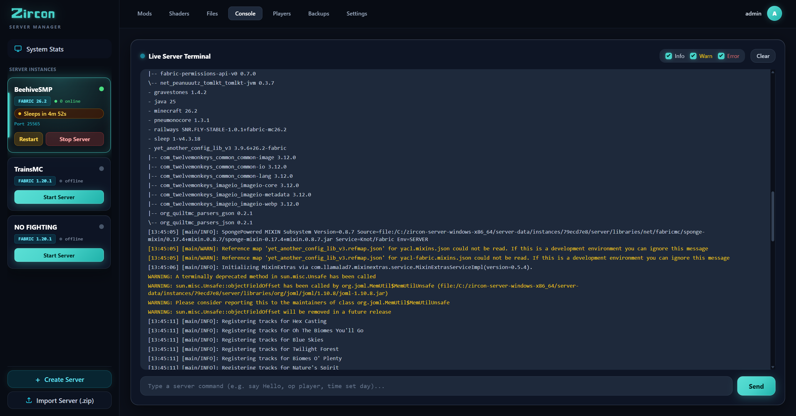 Zircon Live Server Terminal Console